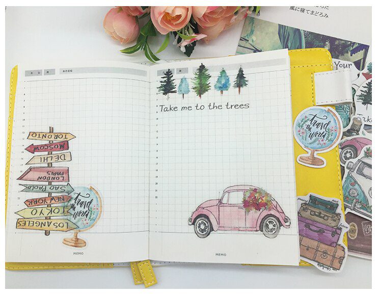 Autocollants peint à la main pour DIY scrapbooking, lot de 24 pièces, étiquettes plantes, arbres, voiture, bus, décoration album, journal, planificateur, – Image 5